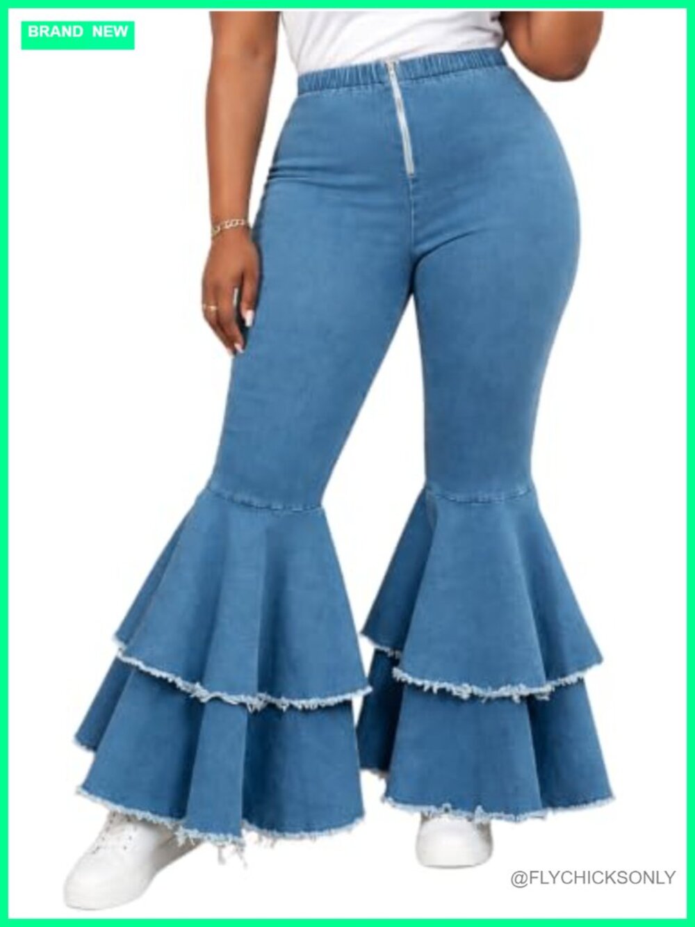 Plus Size Bell Bottom Jeans Double Ruffle Flare High Waist Stretch Denim